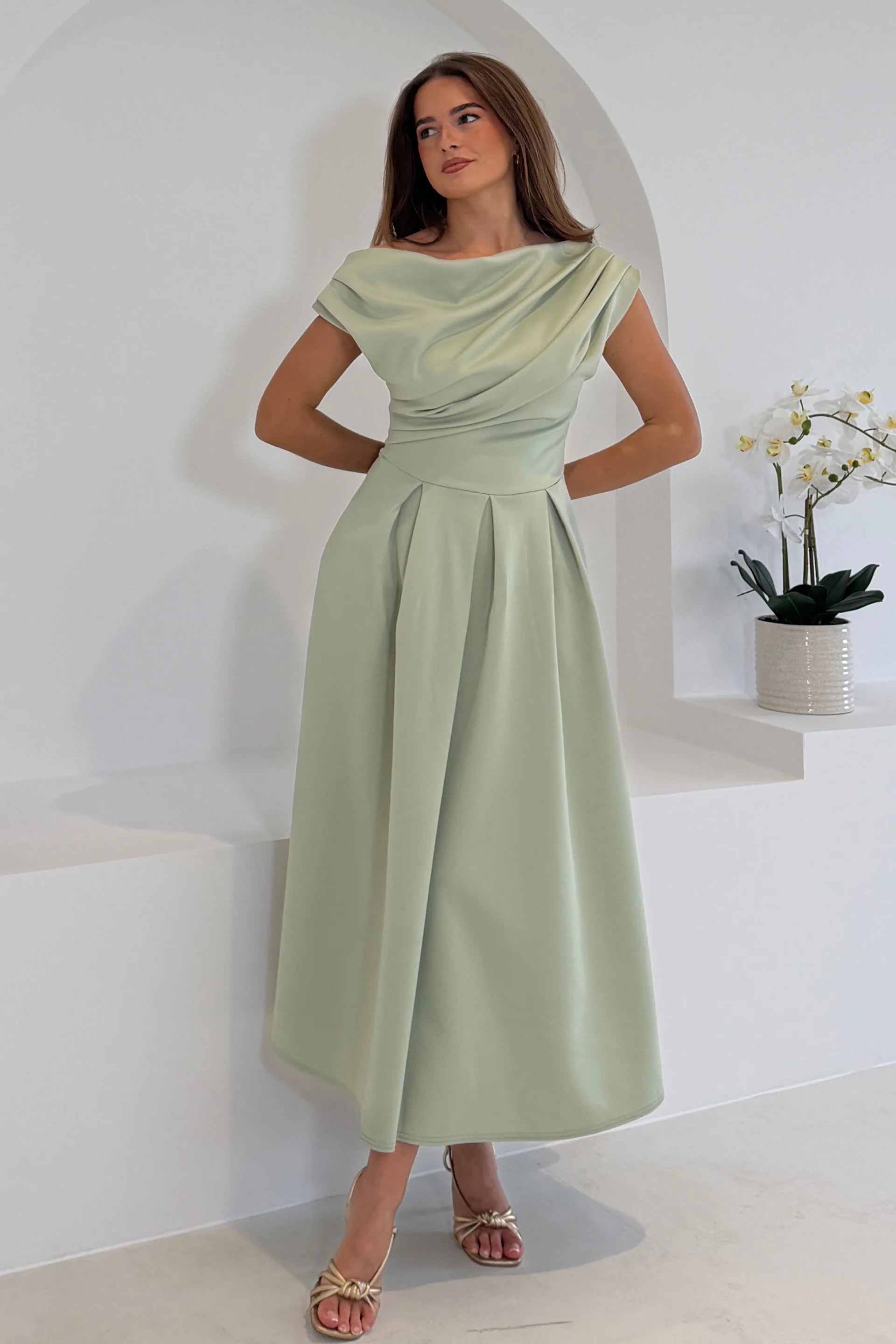 Betty Sage Asymmetric Neckline Skater Midi Dress With Pockets