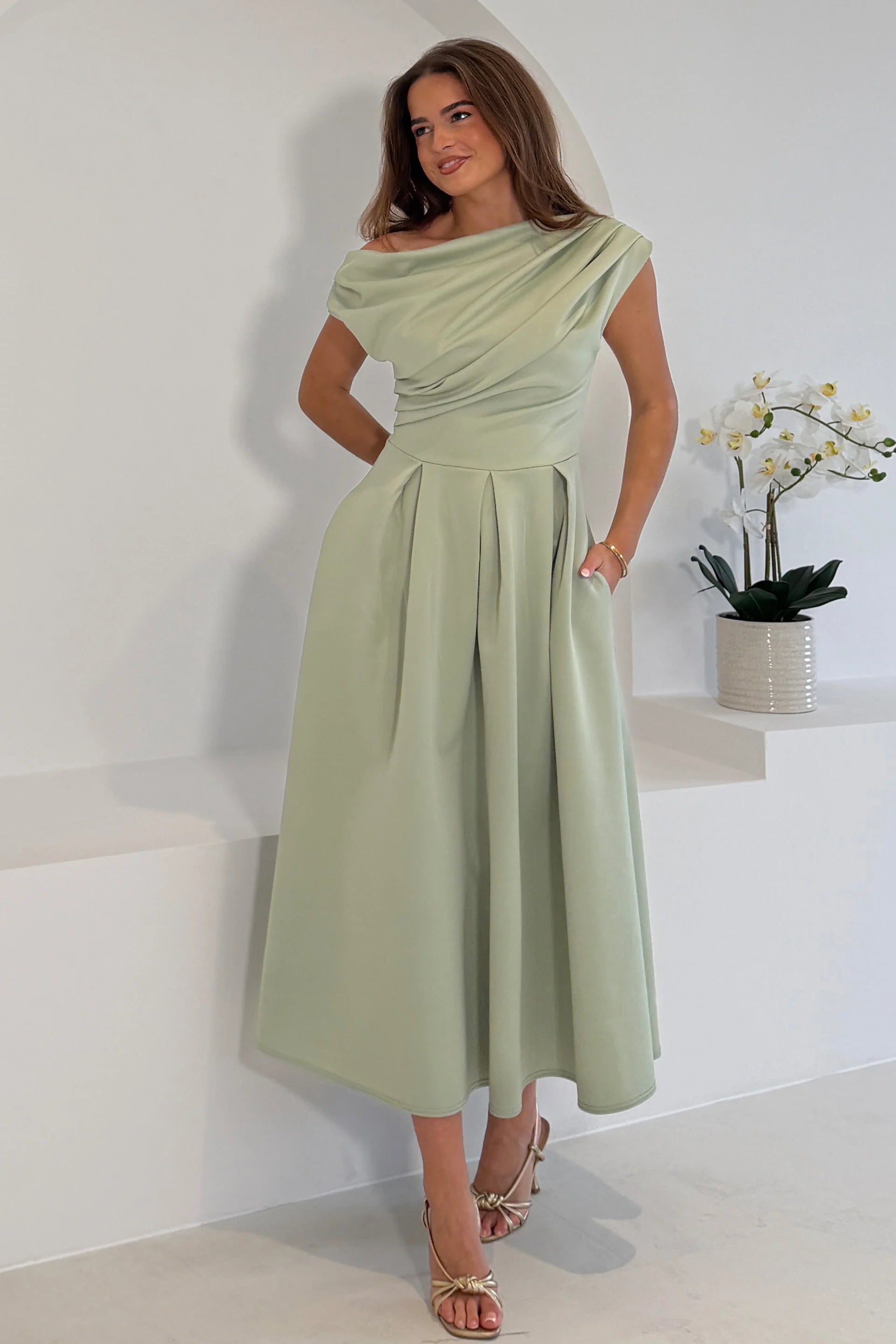 Betty Sage Asymmetric Neckline Skater Midi Dress With Pockets