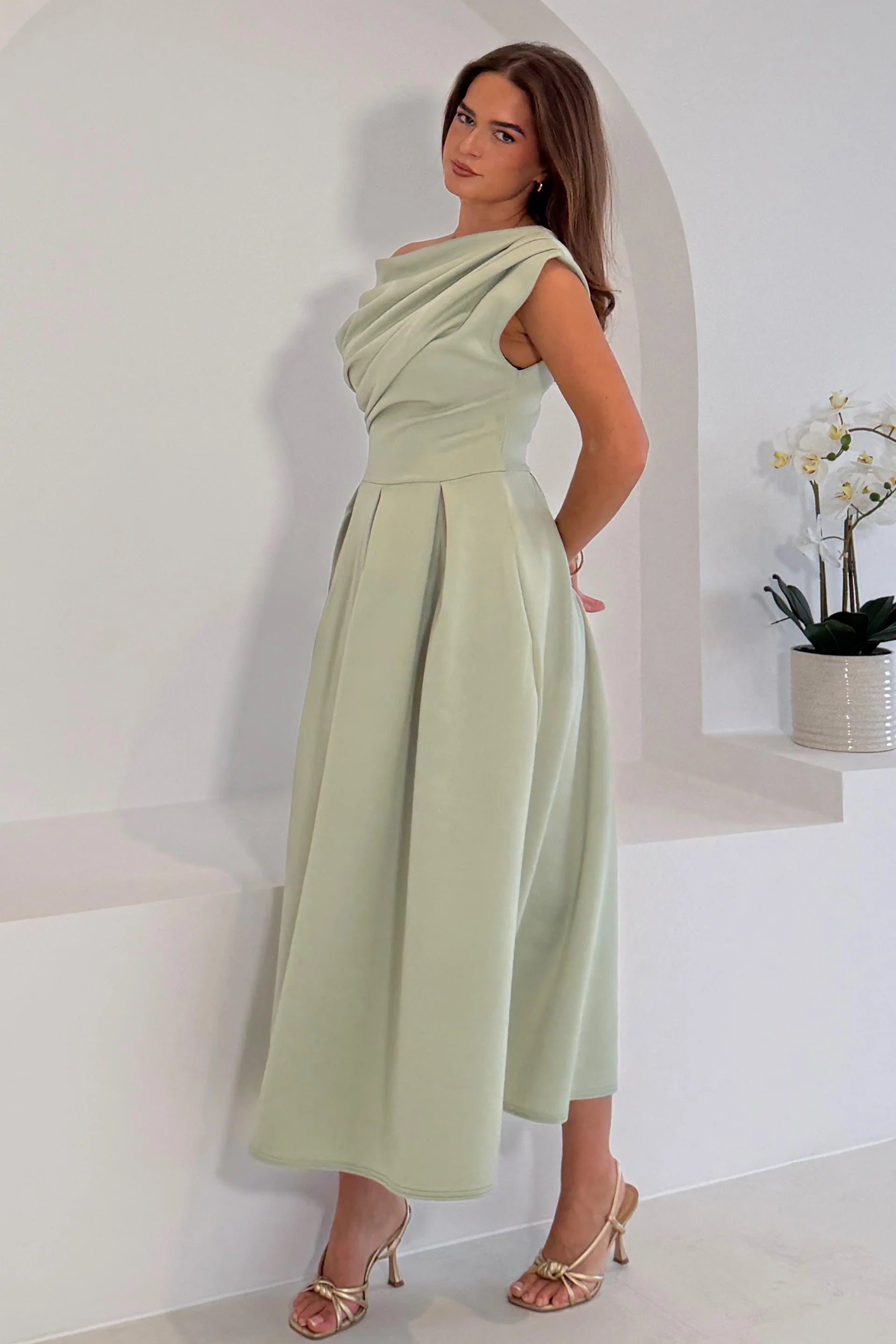 Betty Sage Asymmetric Neckline Skater Midi Dress With Pockets