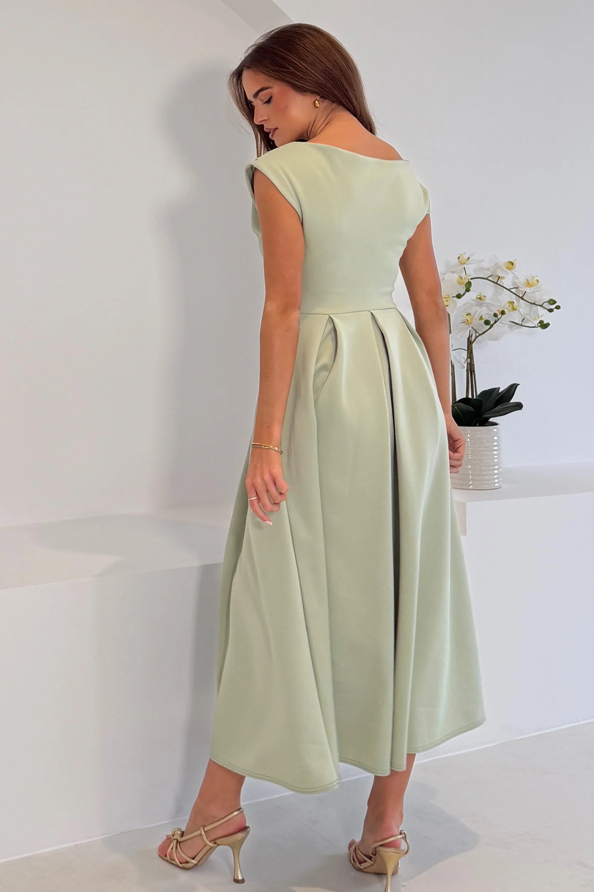 Betty Sage Asymmetric Neckline Skater Midi Dress With Pockets